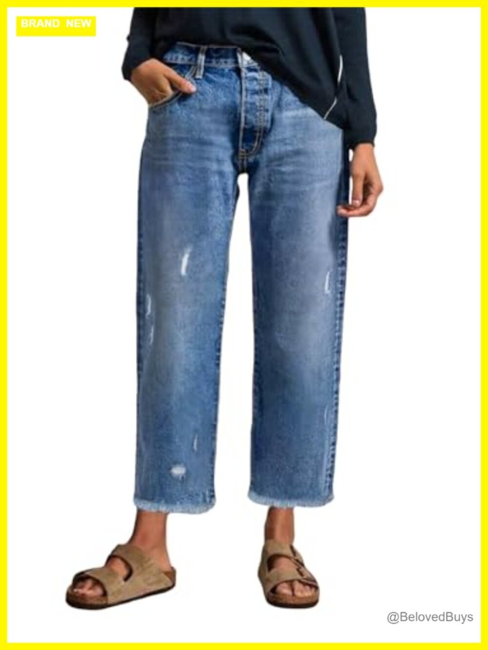 Stretchy Distressed Denim Ankle Pants Straight Leg Mid Rise Frayed Raw Hem